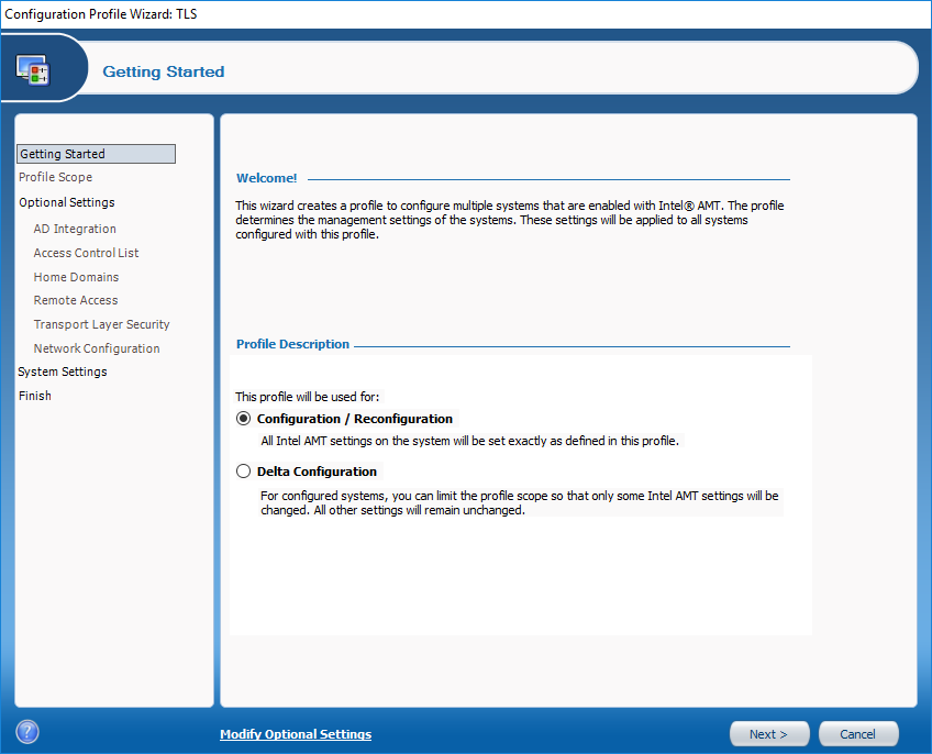 SCS configure profile wizard