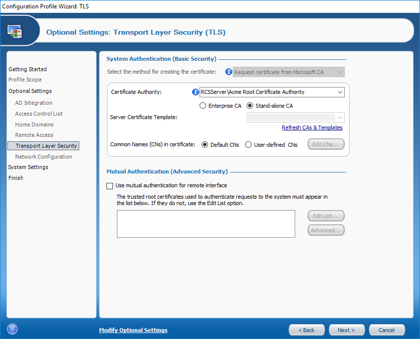 SCS configure profile wizard