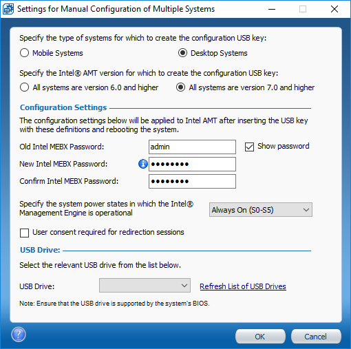 Configuration USB dialog